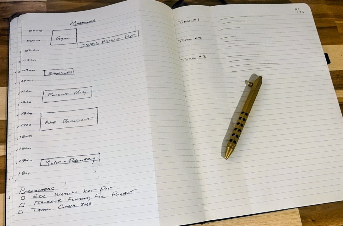 Daily notebook — left page plan, right page notes
