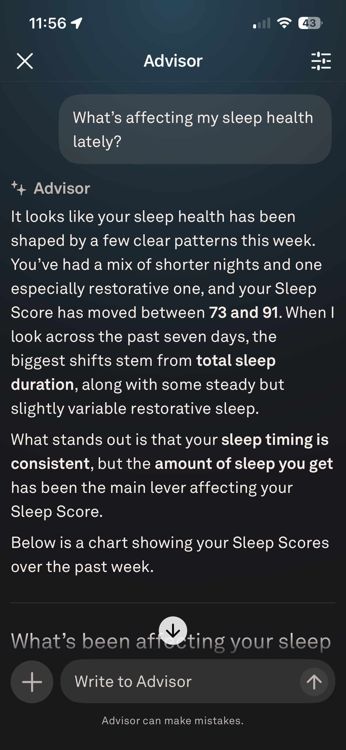 Oura Advisor responding to a question about sleep patterns with chart-grounded analysis