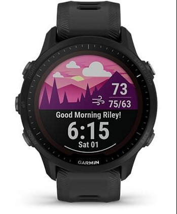 Garmin Forerunner 955 Solar showing the Morning Report screen with weather, training readiness, and a personalized greeting